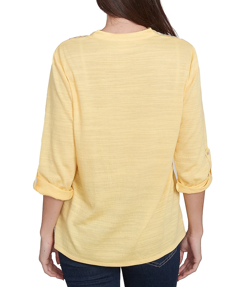 Ruby Rd. Petite Size Knit Embroidery V-Neck 3/4 Roll-Tab Sleeve Top