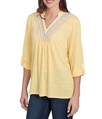 Ruby Rd. Petite Size Knit Embroidery V-Neck 3/4 Roll-Tab Sleeve Top