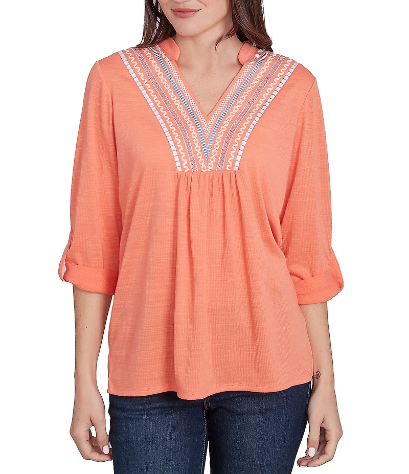 Ruby Rd. Petite Size Knit Embroidery V-Neck 3/4 Roll-Tab Sleeve Top