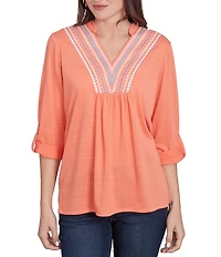 Ruby Rd. Petite Size Knit Embroidery V-Neck 3/4 Roll-Tab Sleeve Top