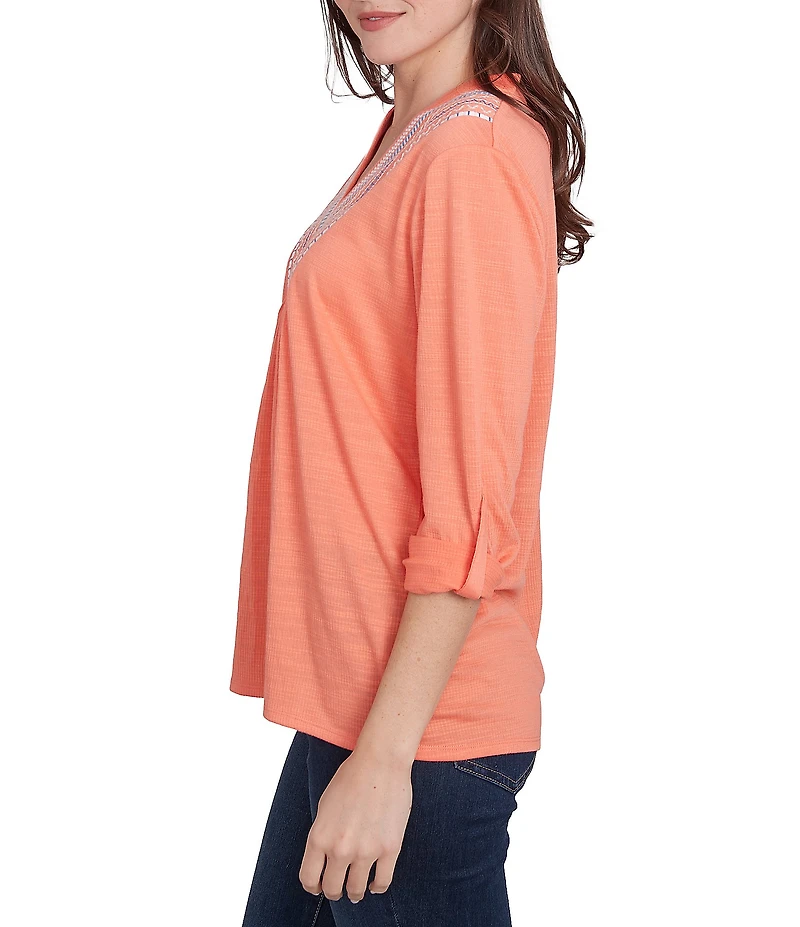 Ruby Rd. Petite Size Knit Embroidery V-Neck 3/4 Roll-Tab Sleeve Top