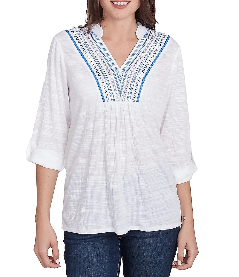 Ruby Rd. Petite Size Knit Embroidery V-Neck 3/4 Roll-Tab Sleeve Top
