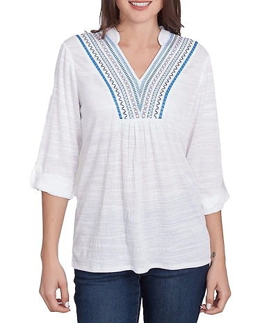 Ruby Rd. Petite Size Knit Embroidery V-Neck 3/4 Roll-Tab Sleeve Top