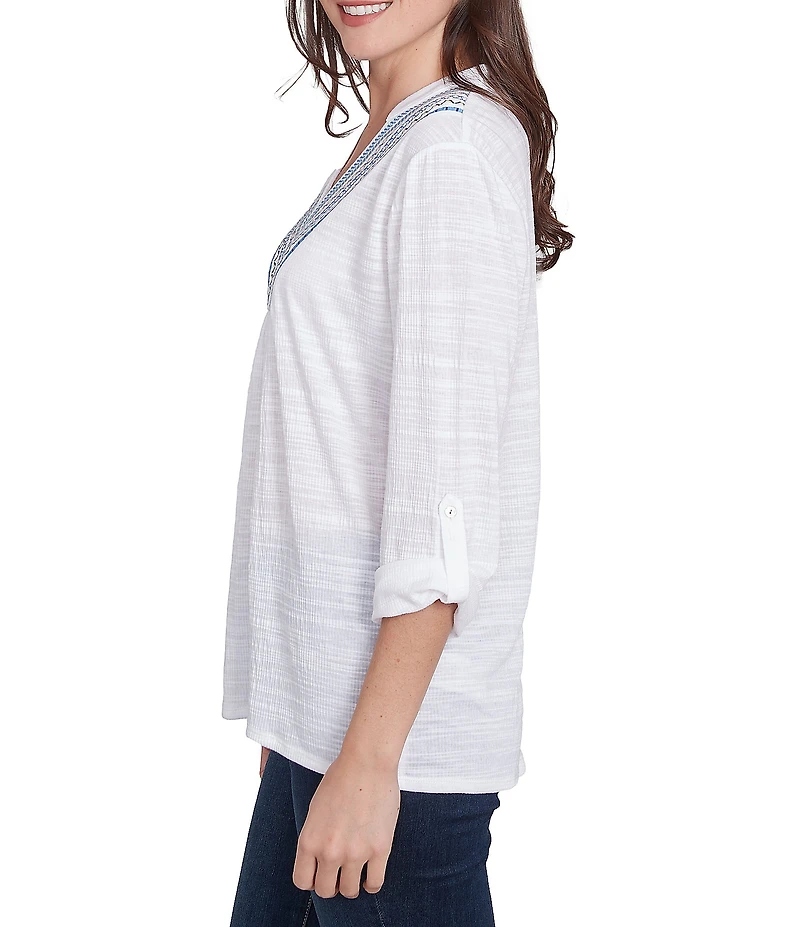 Ruby Rd. Petite Size Knit Embroidery V-Neck 3/4 Roll-Tab Sleeve Top