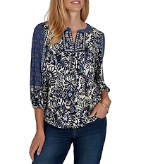 Ruby Rd. Petite Size Knit English Foliage Embroidered Split Round Neck 3/4 Sleeve Top