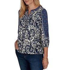 Ruby Rd. Petite Size Knit English Foliage Embroidered Split Round Neck 3/4 Sleeve Top