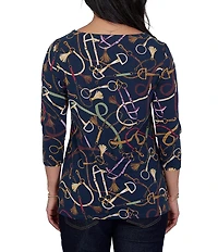 Ruby Rd. Petite Size Knit Equestrian Tassel Allover Print Boat Neck 3/4 Sleeve Top