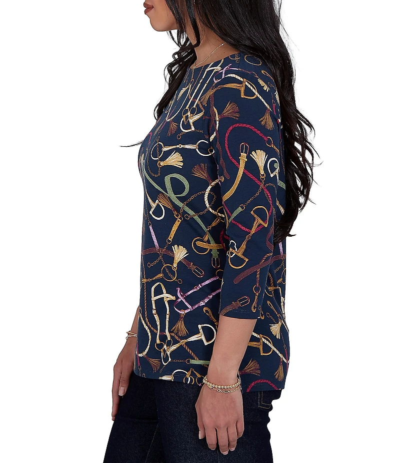 Ruby Rd. Petite Size Knit Equestrian Tassel Allover Print Boat Neck 3/4 Sleeve Top