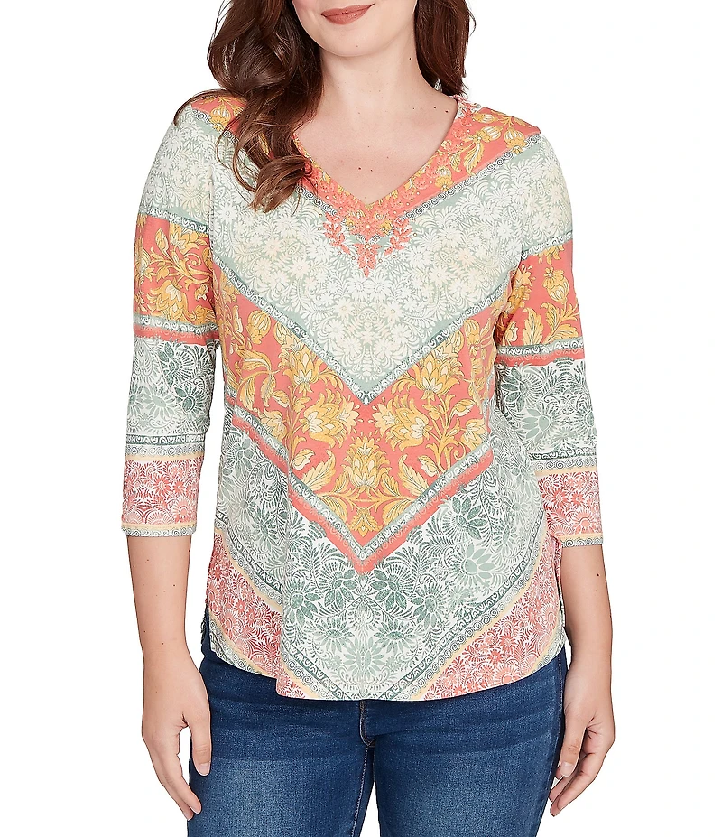 Ruby Rd. Petite Size Knit Floral Chevron V-Neck 3/4 Sleeve Top