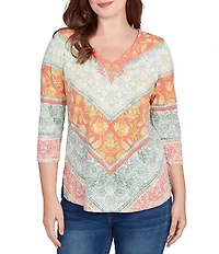 Ruby Rd. Petite Size Knit Floral Chevron V-Neck 3/4 Sleeve Top