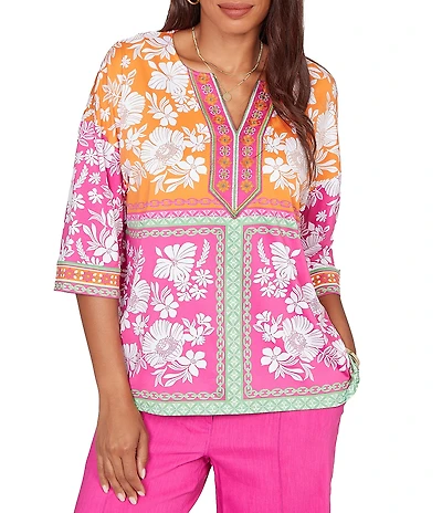Ruby Rd. Petite Size Knit Floral Patchwork Print V-Neck 3/4 Sleeve Top