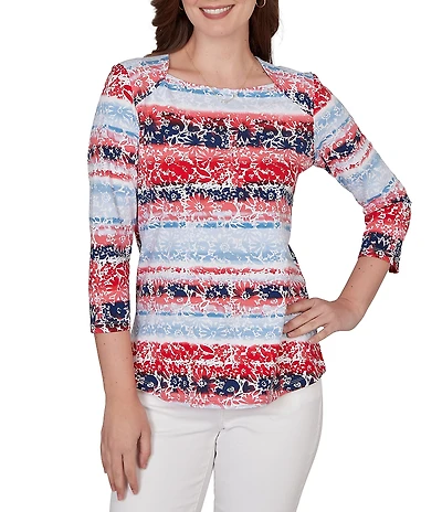 Ruby Rd. Petite Size Knit Floral Stripe Square Neck 3/4 Sleeve Top