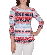 Ruby Rd. Petite Size Knit Floral Stripe Square Neck 3/4 Sleeve Top