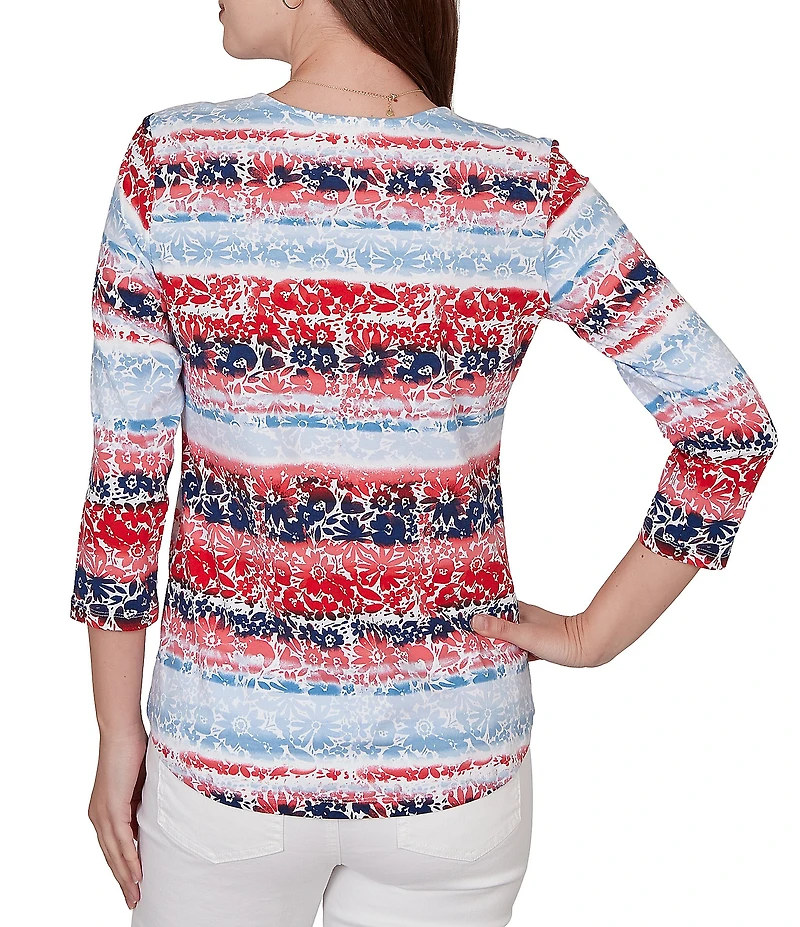 Ruby Rd. Petite Size Knit Floral Stripe Square Neck 3/4 Sleeve Top