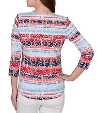 Ruby Rd. Petite Size Knit Floral Stripe Square Neck 3/4 Sleeve Top