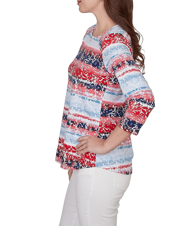 Ruby Rd. Petite Size Knit Floral Stripe Square Neck 3/4 Sleeve Top