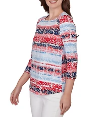 Ruby Rd. Petite Size Knit Floral Stripe Square Neck 3/4 Sleeve Top