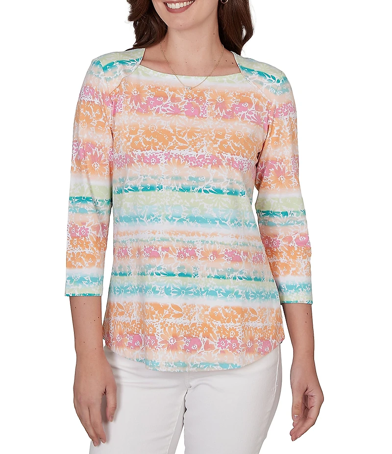 Ruby Rd. Petite Size Knit Floral Stripe Square Neck 3/4 Sleeve Top