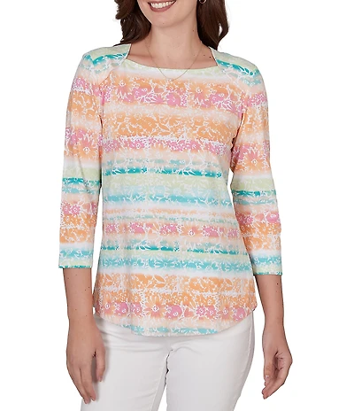 Ruby Rd. Petite Size Knit Floral Stripe Square Neck 3/4 Sleeve Top