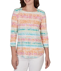 Ruby Rd. Petite Size Knit Floral Stripe Square Neck 3/4 Sleeve Top