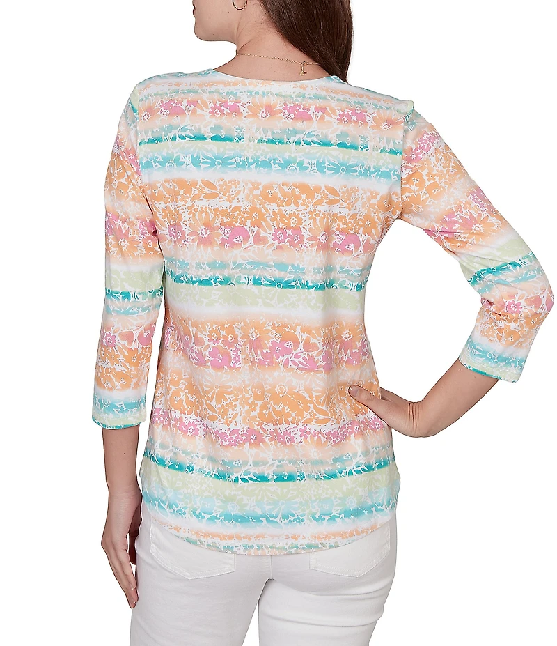 Ruby Rd. Petite Size Knit Floral Stripe Square Neck 3/4 Sleeve Top