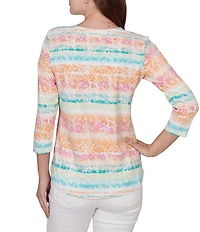 Ruby Rd. Petite Size Knit Floral Stripe Square Neck 3/4 Sleeve Top