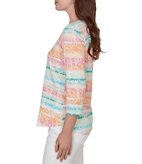 Ruby Rd. Petite Size Knit Floral Stripe Square Neck 3/4 Sleeve Top