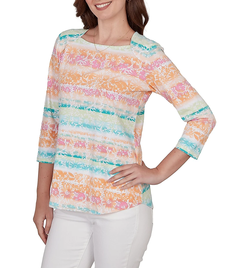 Ruby Rd. Petite Size Knit Floral Stripe Square Neck 3/4 Sleeve Top