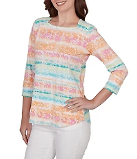 Ruby Rd. Petite Size Knit Floral Stripe Square Neck 3/4 Sleeve Top