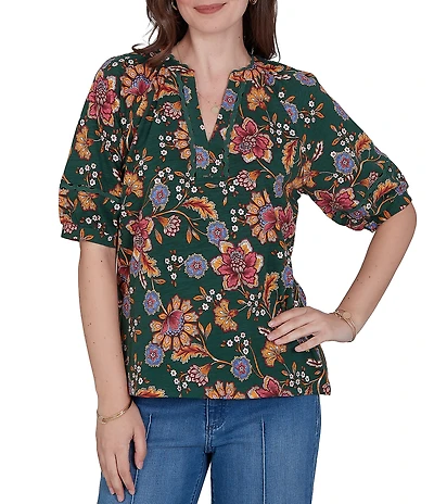 Ruby Rd. Petite Size Knit Floral Vine Split V-Neck Elbow Length Sleeve Rik-Rac Trim Top