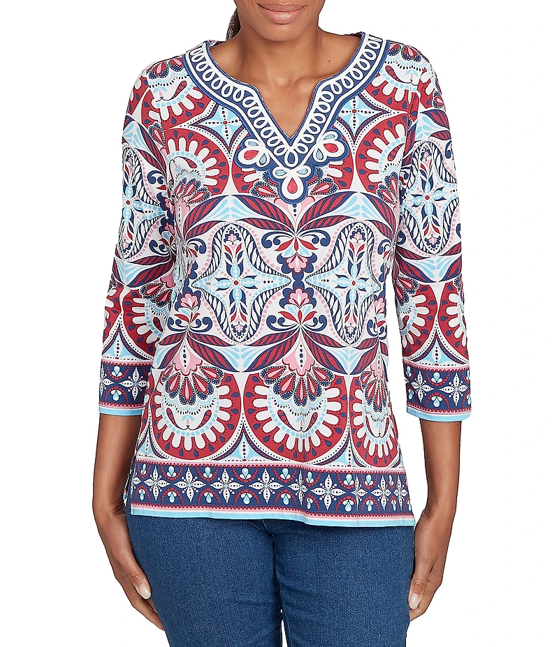Ruby Rd. Petite Size Knit Geometric Print Soutache Embellishments Split V-Neck 3/4 Sleeve Top