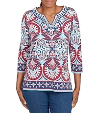 Ruby Rd. Petite Size Knit Geometric Print Soutache Embellishments Split V-Neck 3/4 Sleeve Top