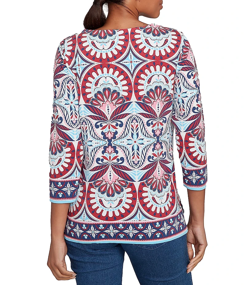 Ruby Rd. Petite Size Knit Geometric Print Soutache Embellishments Split V-Neck 3/4 Sleeve Top