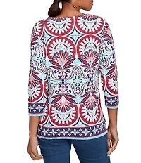 Ruby Rd. Petite Size Knit Geometric Print Soutache Embellishments Split V-Neck 3/4 Sleeve Top