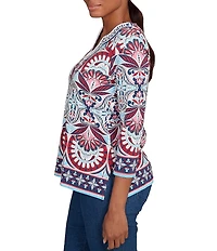 Ruby Rd. Petite Size Knit Geometric Print Soutache Embellishments Split V-Neck 3/4 Sleeve Top