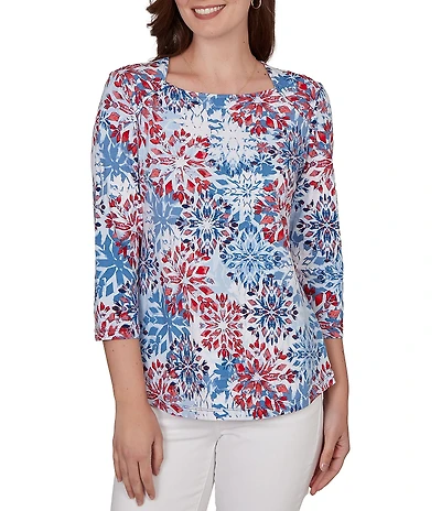 Ruby Rd. Petite Size Knit Medallion Floral Square Neck 3/4 Sleeve Top