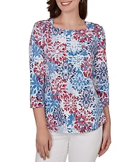 Ruby Rd. Petite Size Knit Medallion Floral Square Neck 3/4 Sleeve Top
