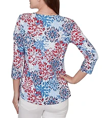Ruby Rd. Petite Size Knit Medallion Floral Square Neck 3/4 Sleeve Top