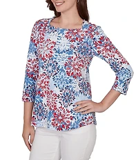 Ruby Rd. Petite Size Knit Medallion Floral Square Neck 3/4 Sleeve Top