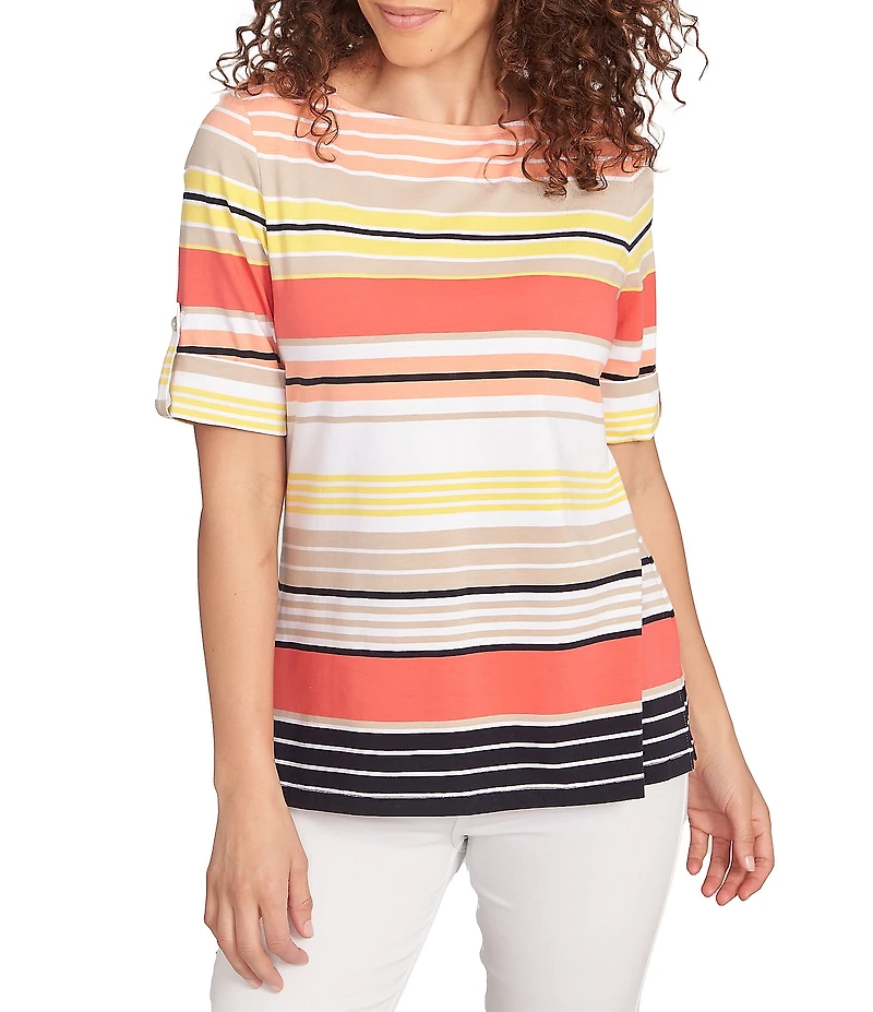 Ruby Rd. Petite Size Knit Multi Stripe Boat Neck Short Roll-Tab Sleeve Top