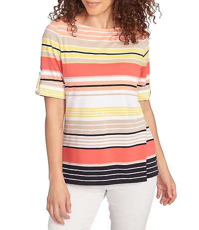 Ruby Rd. Petite Size Knit Multi Stripe Boat Neck Short Roll-Tab Sleeve Top