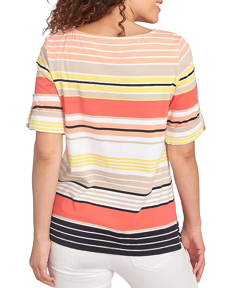 Ruby Rd. Petite Size Knit Multi Stripe Boat Neck Short Roll-Tab Sleeve Top
