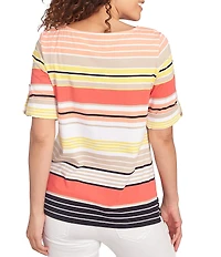 Ruby Rd. Petite Size Knit Multi Stripe Boat Neck Short Roll-Tab Sleeve Top