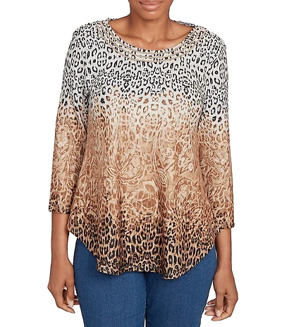Ruby Rd. Petite Size Knit Ombre Animal Print Boat Neck 3/4 Sleeves Top