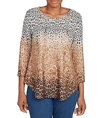 Ruby Rd. Petite Size Knit Ombre Animal Print Boat Neck 3/4 Sleeves Top