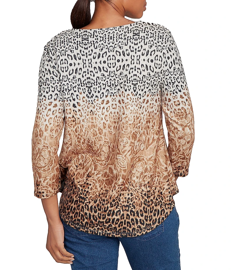 Ruby Rd. Petite Size Knit Ombre Animal Print Boat Neck 3/4 Sleeves Top