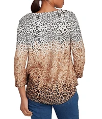 Ruby Rd. Petite Size Knit Ombre Animal Print Boat Neck 3/4 Sleeves Top