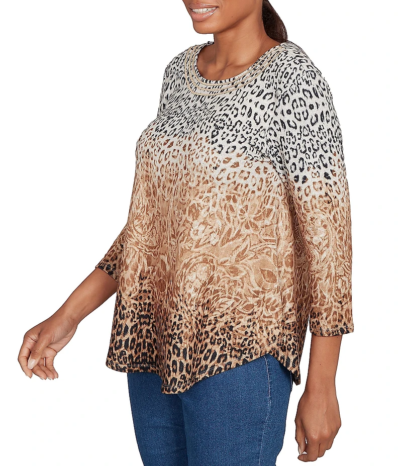 Ruby Rd. Petite Size Knit Ombre Animal Print Boat Neck 3/4 Sleeves Top