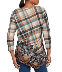Ruby Rd. Petite Size Knit Plaid Floral Leopard Print Boat Neck 3/4 Sleeve Top