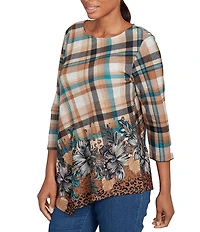 Ruby Rd. Petite Size Knit Plaid Floral Leopard Print Boat Neck 3/4 Sleeve Top